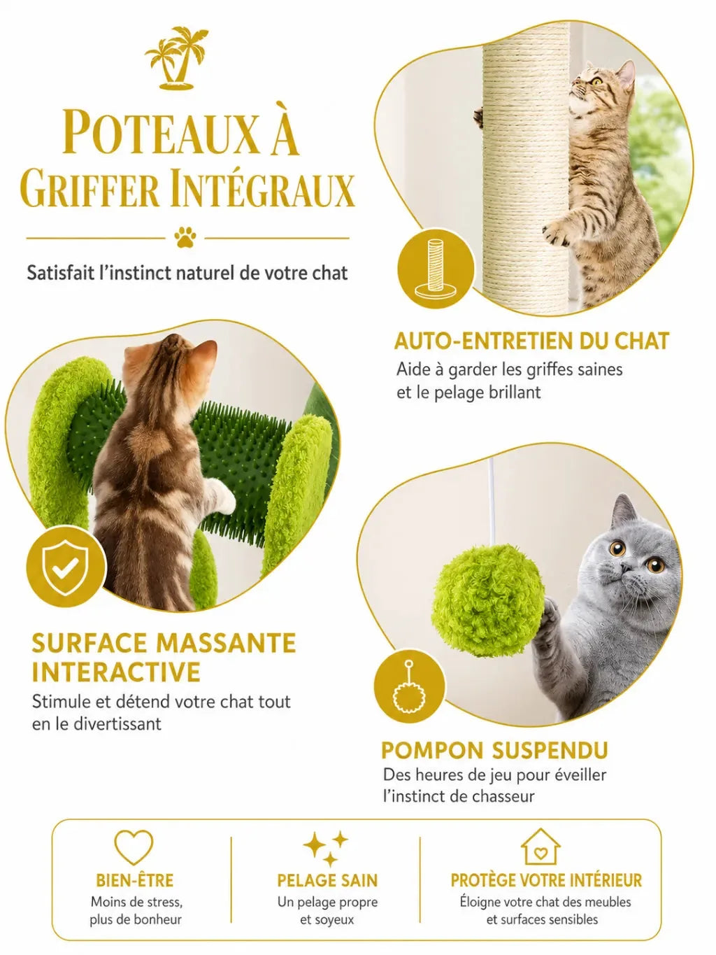 Poteaux à griffer sisal et brosse massante du petit arbre à chat Palmera