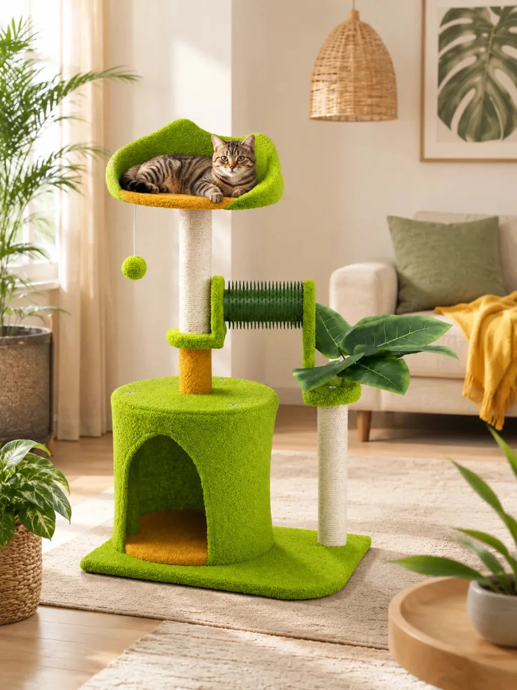 Petit arbre à chat palmier Palmera dans un salon avec niche et sisal
