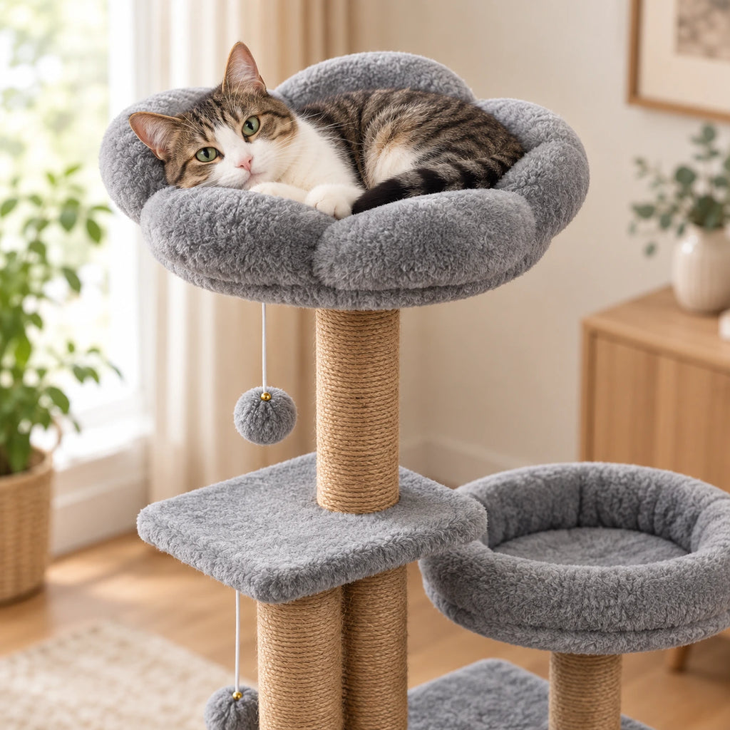 Chat installé dans le couchage fleur supérieur du petit arbre à chat gris Pétalia.
