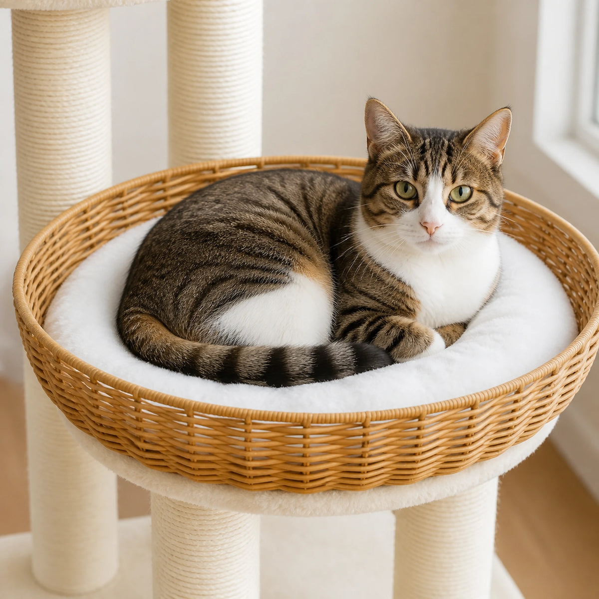 Chat couché sur le coussin moelleux d’un panier tressé du petit arbre à chat rotin Tressélia