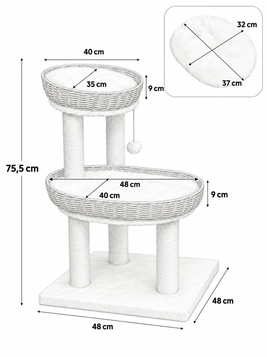 Dimensions du petit arbre à chat rotin Tressélia : 48 × 48 × 75,5 cm avec deux paniers