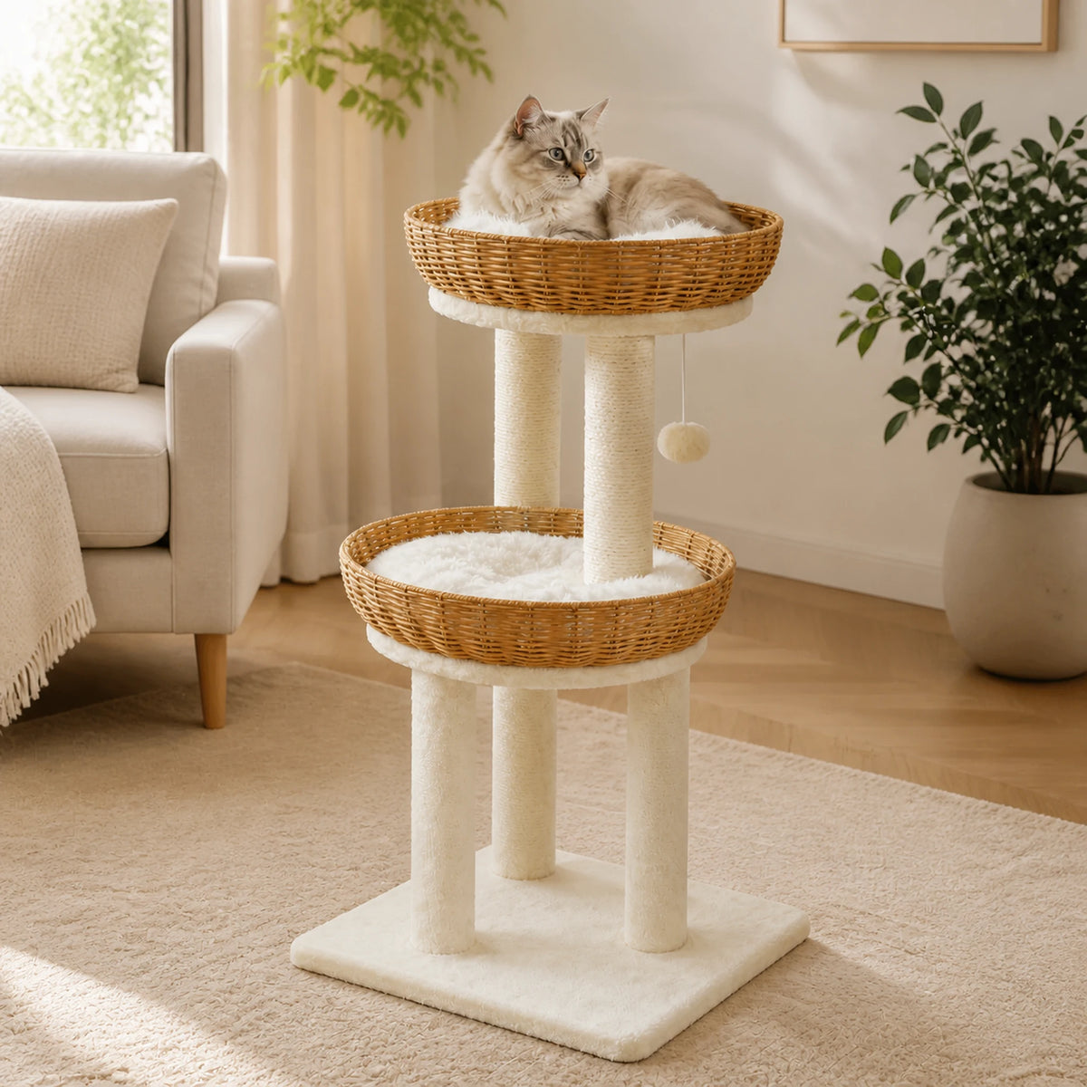 Petit arbre à chat rotin Tressélia dans un salon avec un chat installé dans le panier supérieur