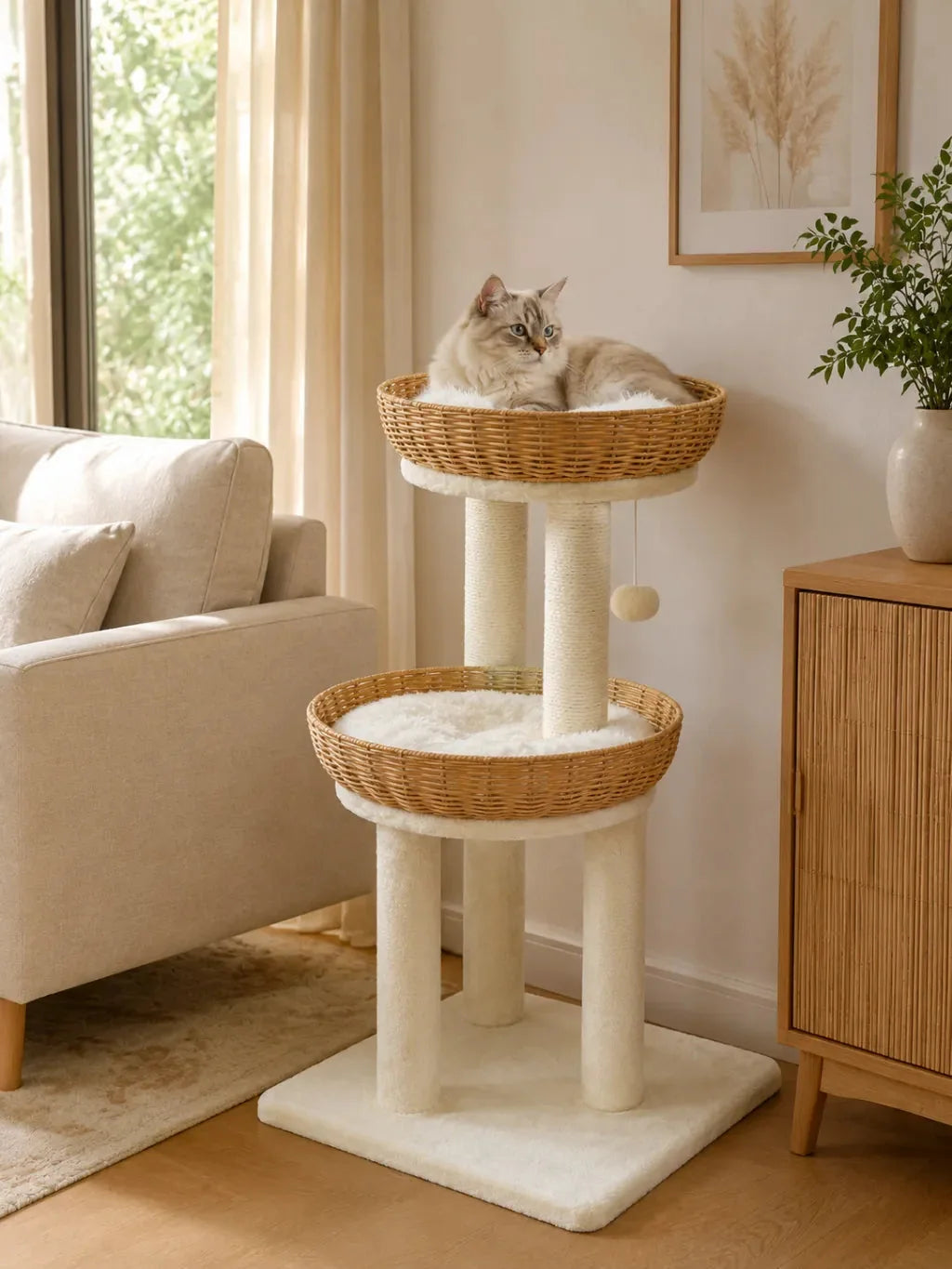 Petit arbre à chat rotin Tressélia installé dans un salon avec un chat couché dans le panier supérieur