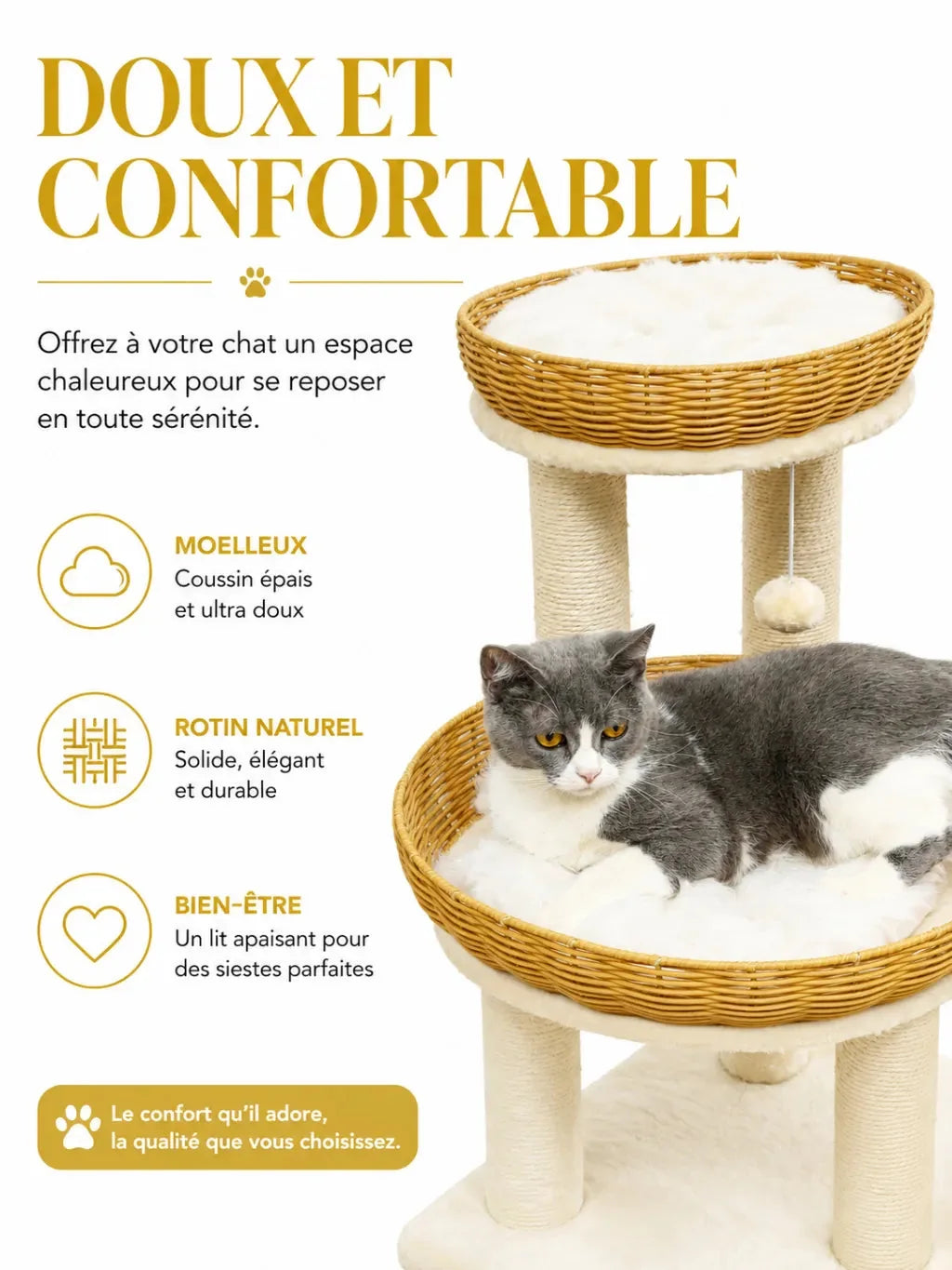 Deux paniers tressés et coussins moelleux du petit arbre à chat rotin Tressélia pour le repos