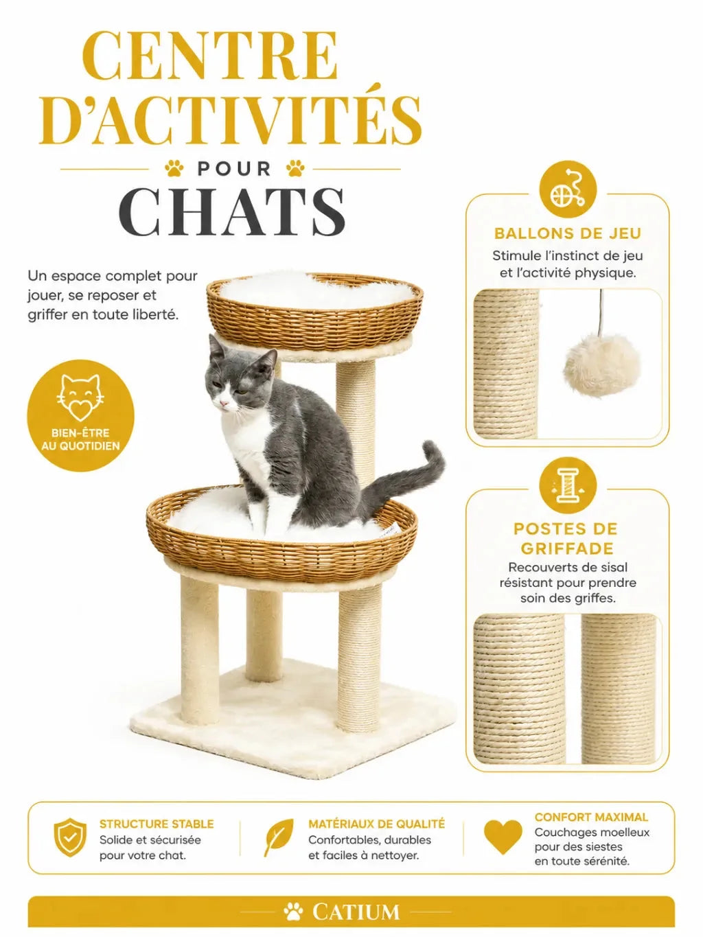 Poteaux en sisal et balle suspendue du petit arbre à chat rotin Tressélia entre les deux paniers