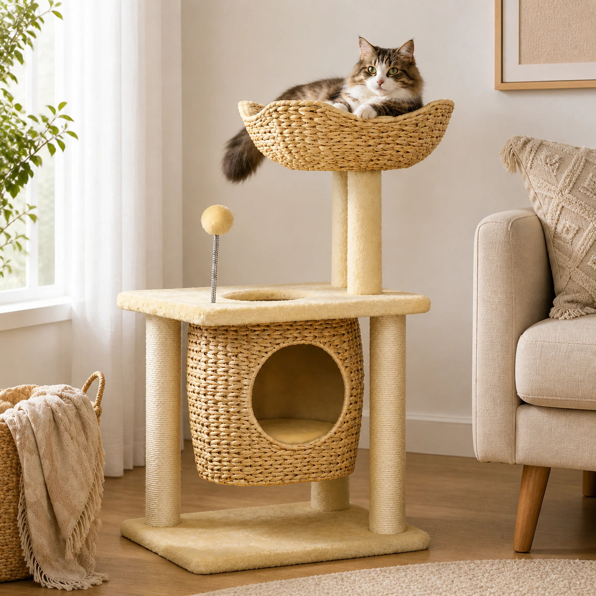Petit arbre à chat rotin Vannélia de 74 cm dans un salon avec un chat installé dans le panier supérieur