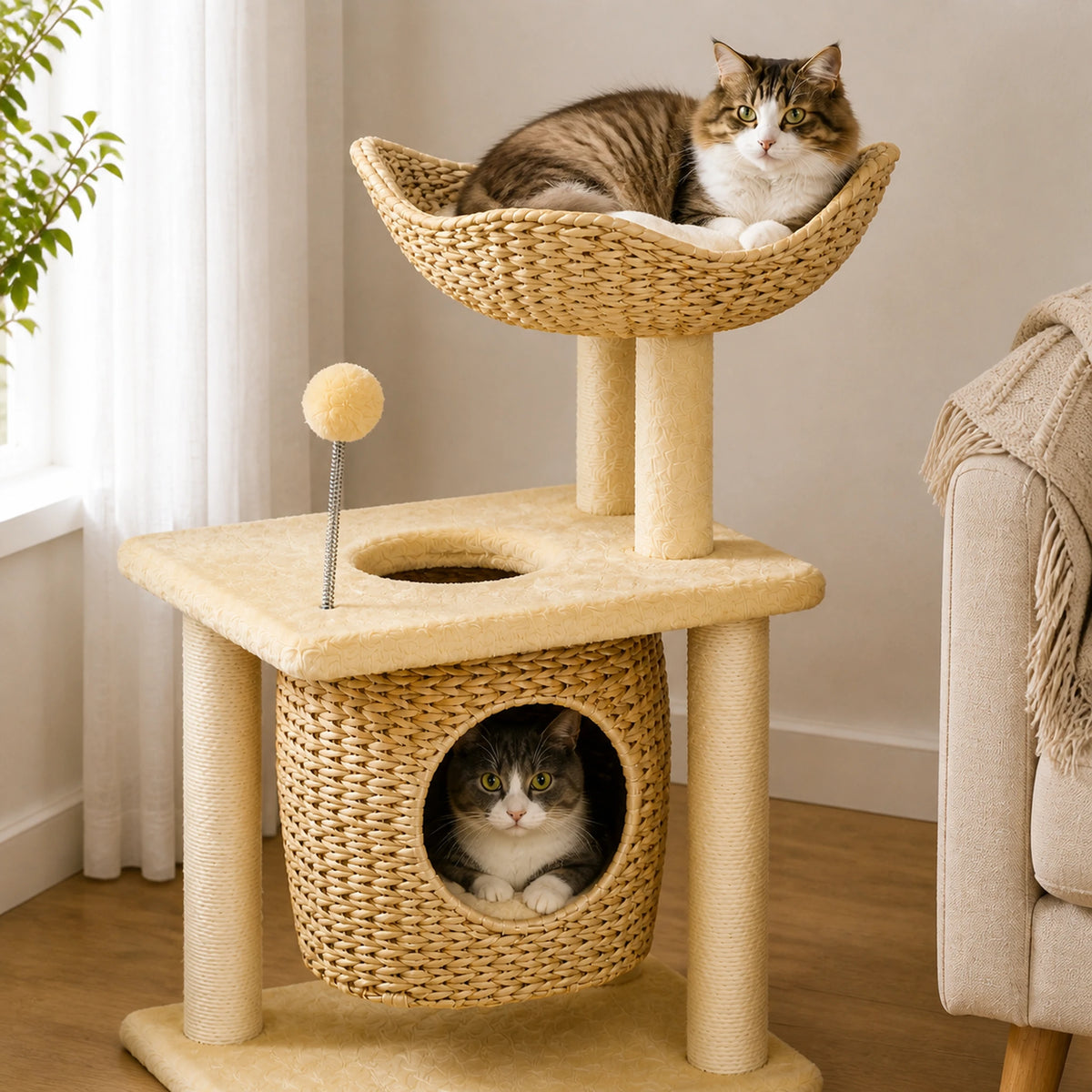 Niche et panier tressés du petit arbre à chat rotin Vannélia occupés par deux chats au repos