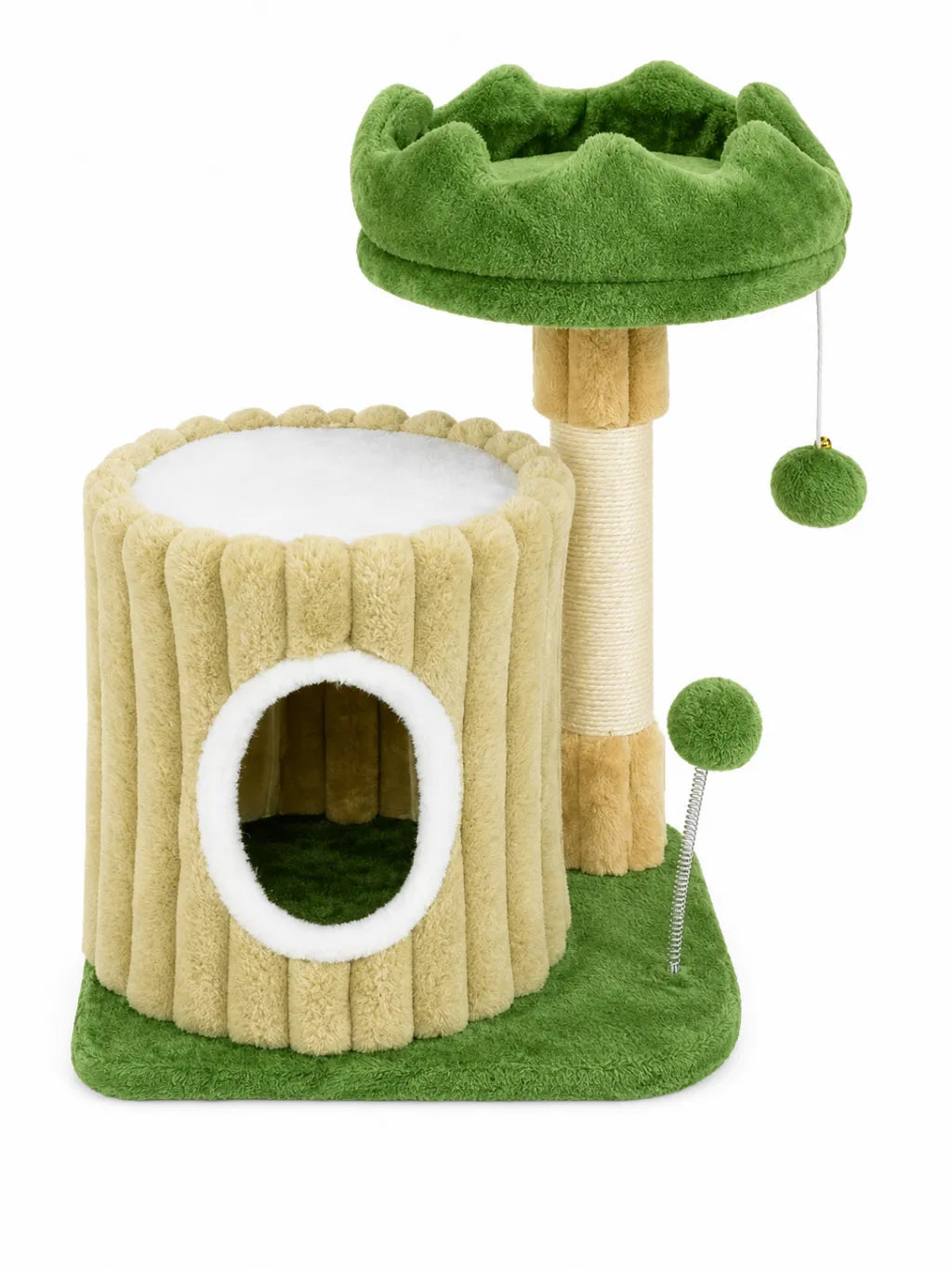 Petit arbre à chat vert Viridia 54 cm avec griffoirs sisal, perchoir rembourré et jouets suspendus