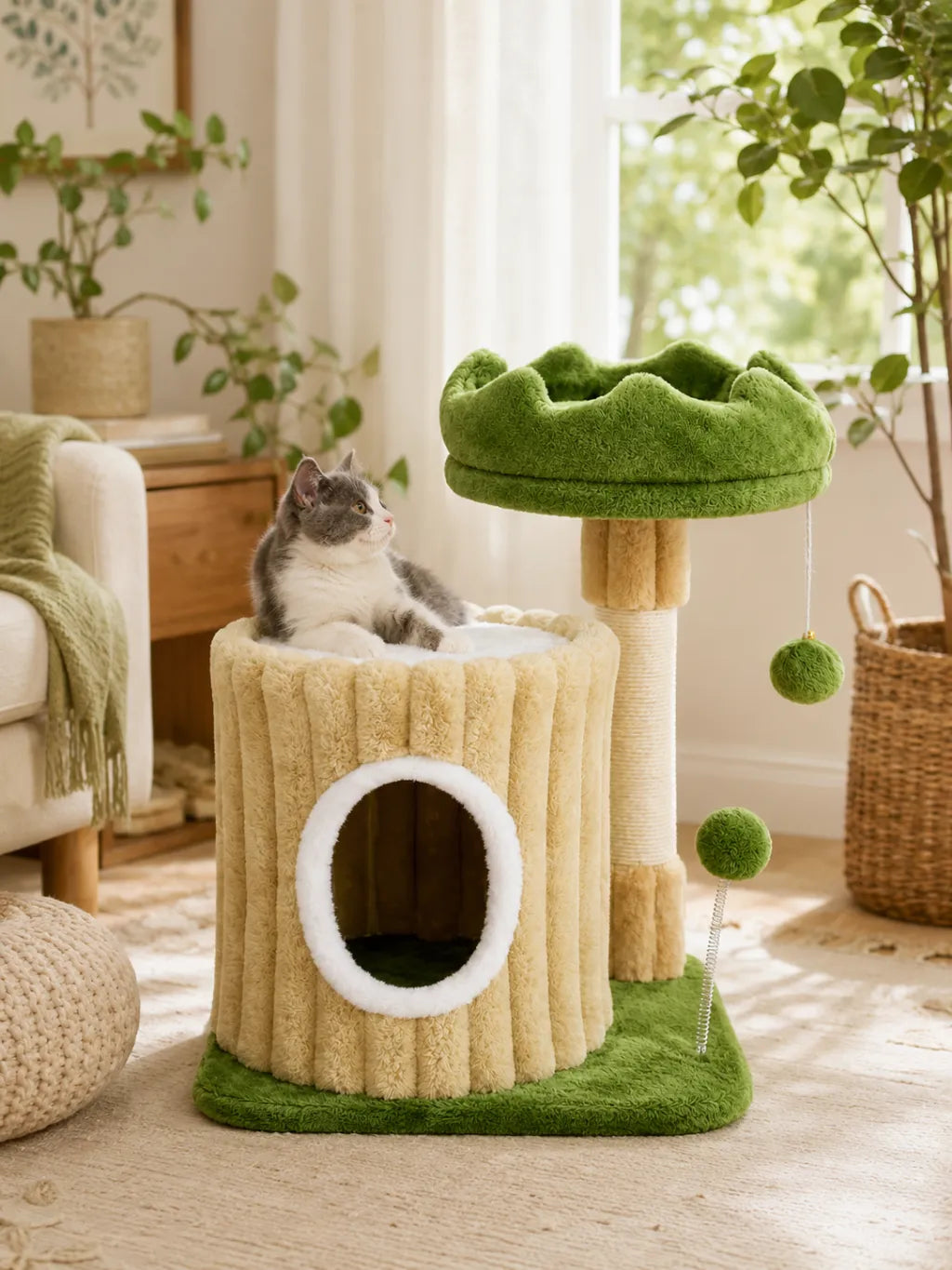 Petit arbre à chat vert Viridia installé en intérieur pour jeu, repos et griffades