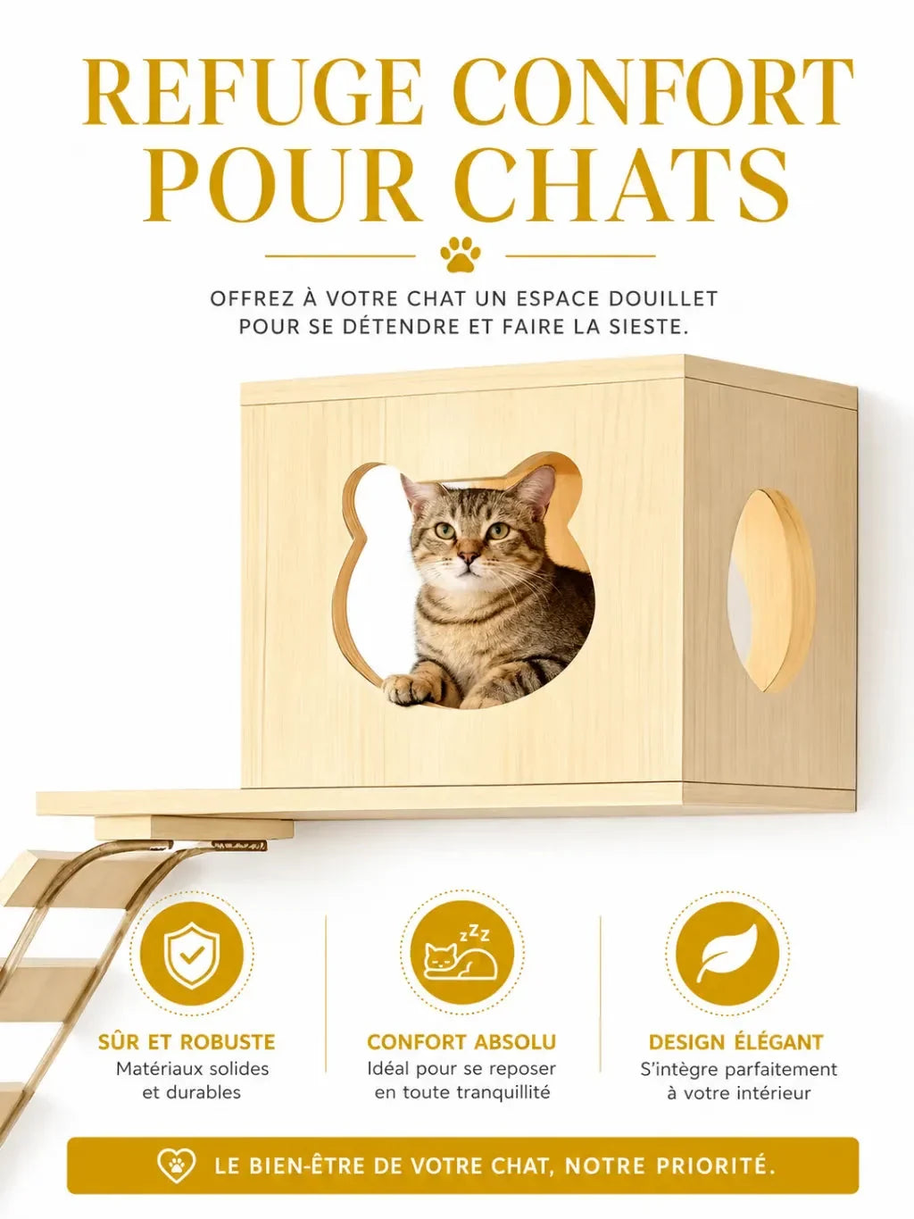 Refuge mural Pontelia confortable pour chat avec maison ouverte en bois