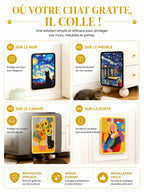 Tapis griffoir tournesol Hélianor posé sur mur, meuble, canapé et porte