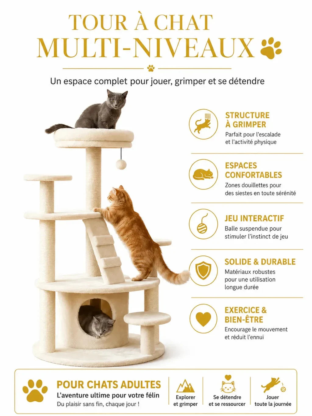 Tour à chat multi-niveaux Velouna pour chat adulte