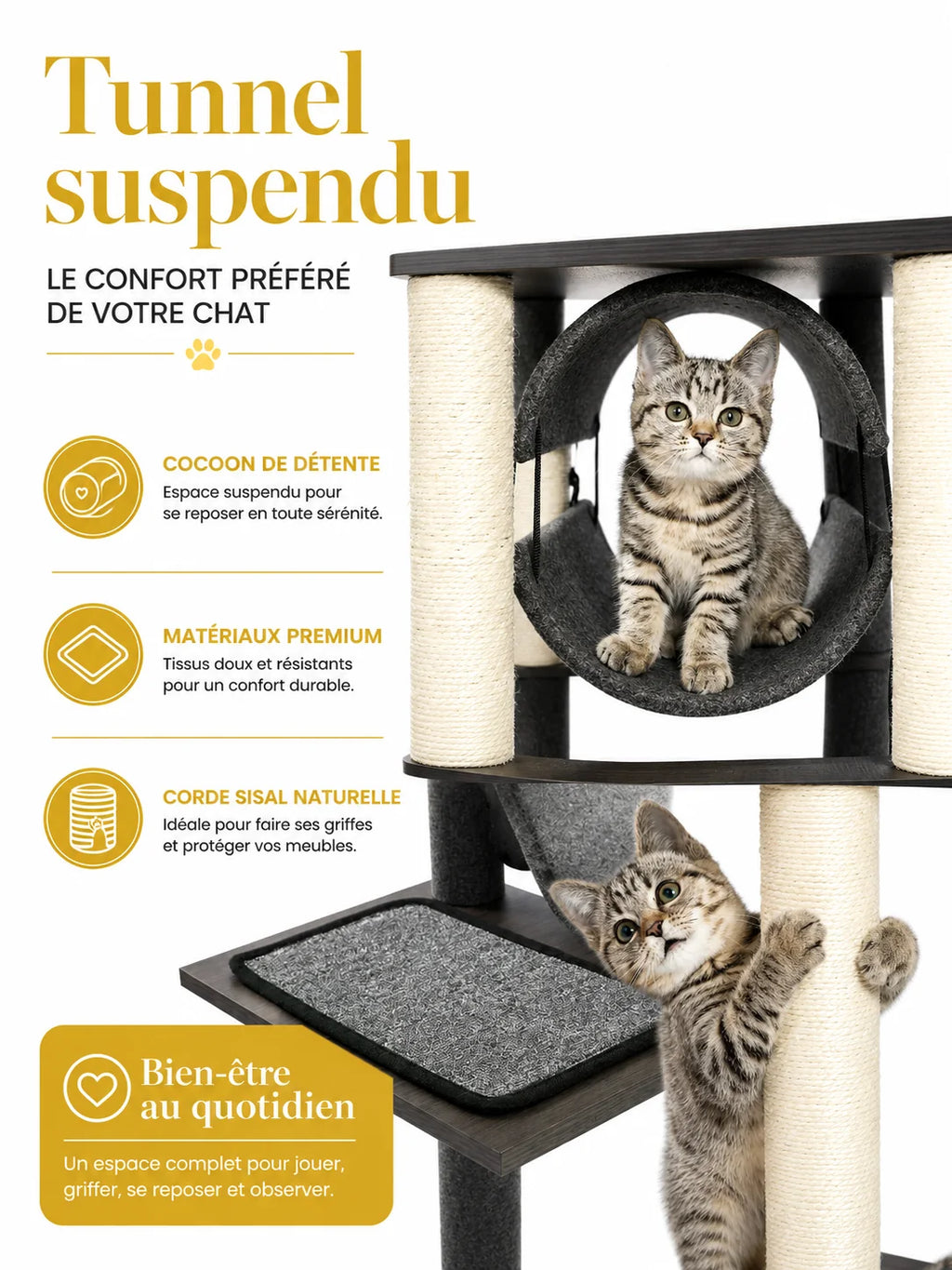 Tunnel suspendu et poteau en sisal naturel de l'arbre à chat Alcova